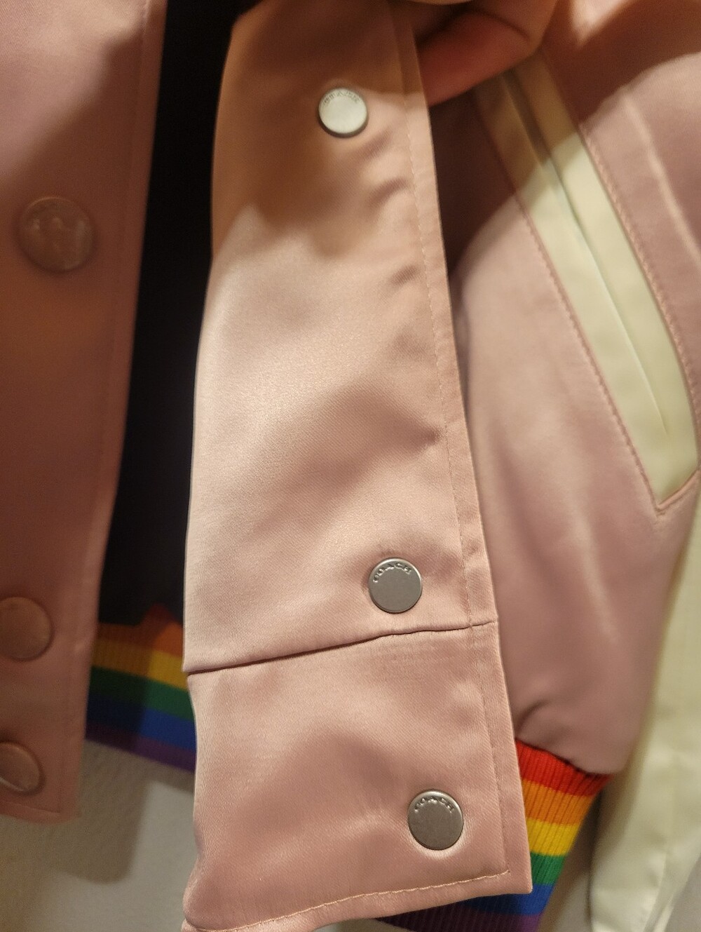 Coach Pink Satin Varsity Jacket with Cream Sleeves and Rainbow Trim - Picture 7 of 10